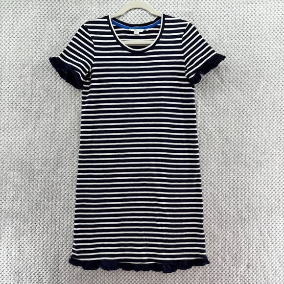 Boden Dress Women US4R Blue White Striped Emily Ruffle Jersey Stretch Crew Neck - Picture 2 of 13